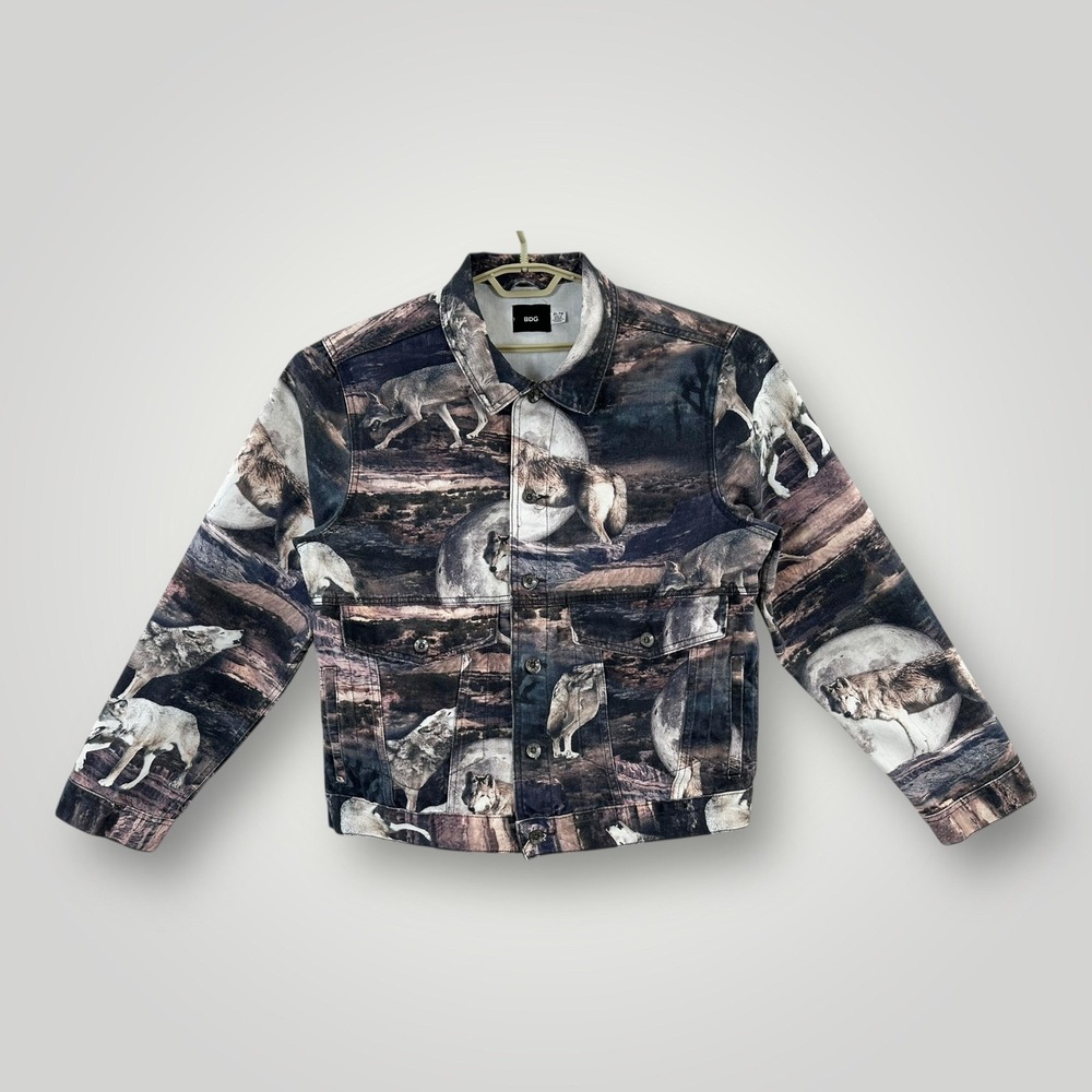 BDG Jacket Mens XL Wolf Print Denim Bomber Animals Moon Outdoor Graphic